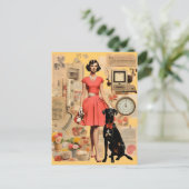Retro Lady mit schwarzem Hund Collage Postkarte (Stehend Vorderseite)