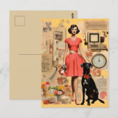 Retro Lady mit schwarzem Hund Collage Postkarte (Vorne/Hinten)