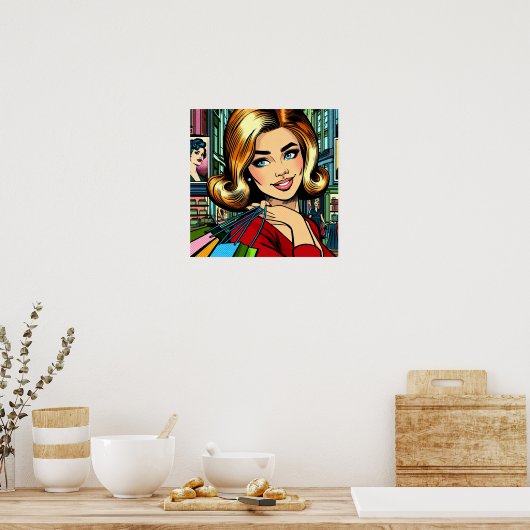 Retro Lady mit Shopping Bags Mitte Jahrhundert Poster (Küche)