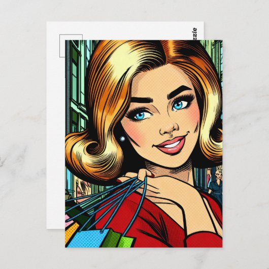 Retro Lady mit Shopping Bags Mitte Jahrhundert Postkarte (Vorne/Hinten)