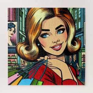 Retro Lady mit Shopping Bags Mitte Jahrhundert Puzzle