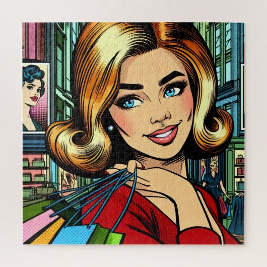 Retro Lady mit Shopping Bags Mitte Jahrhundert Puzzle (Vertikal)