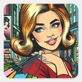 Retro Lady mit Shopping Bags Mitte Jahrhundert Quadratischer Aufkleber