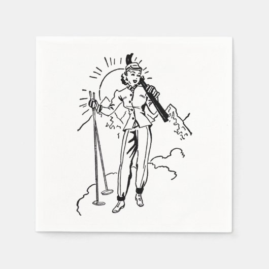 Retro Lady Skier Paper Napkin Serviette (Vorderseite)