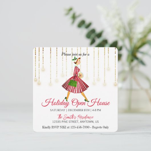 Retro Lady Weihnachtsbaum Weihnachtskarte Feiertagskarte (Stehend Vorderseite)