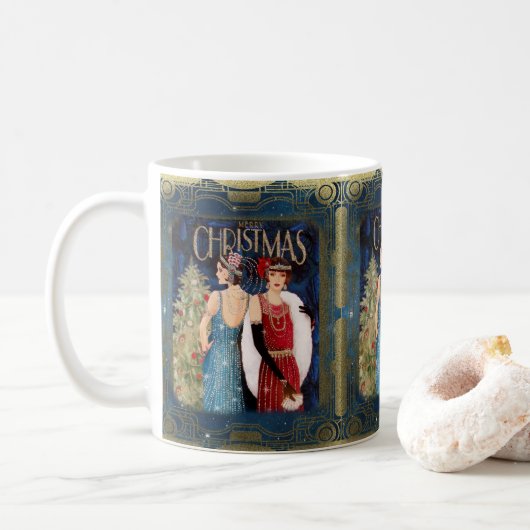 Retro Ladys Christmas Blue Gold Red Red aus den 19 Kaffeetasse (Mit Donut)