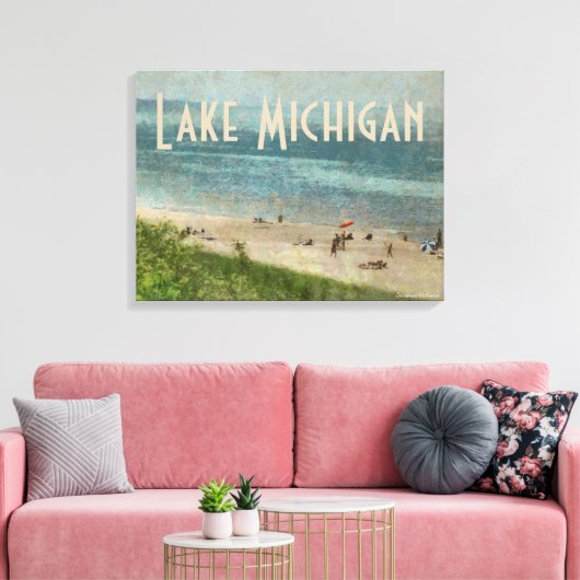 Retro Lake Michigan Beach Premium Wrapped Canvas Leinwanddruck (Insitu (Wohnzimmer))