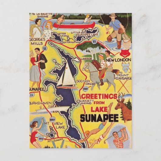 Retro Lake Sunapee NH Postkarte (Vorderseite)