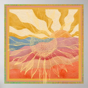 Retro Landschaft mit Riesensonnenblume Poster