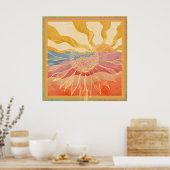Retro Landschaft mit Riesensonnenblume Poster (Küche)