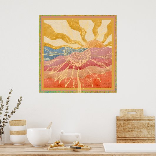 Retro Landschaft mit Riesensonnenblume Poster (Küche)