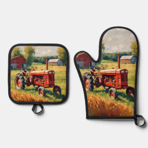 Retro-Landwirtschaftsfahrzeug Rustikaler Vintage-R Ofenhandschuh & Topflappen-Set