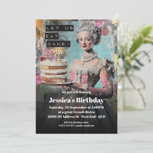 Retro Lasse uns Kuchen essen - Französische Party  Einladung (Stehend Vorderseite)