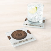 Retro-Lautsprecher: braun, abgeschieden weiß. Glasuntersetzer (Schrägansicht)