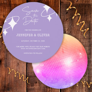 Retro-Lavendel-Disco-Kugel-Hochzeit Termin merken Einladung