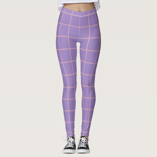 Retro Lavender Lila und rosa Einfaches Grid-Muster Leggings (Vorderseite)