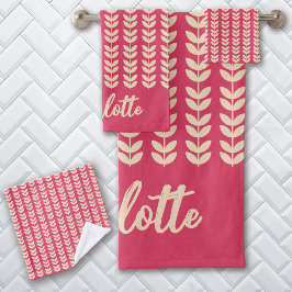 Retro Leaf Pattern Vintage Monogram Pink Badhandtuch Set