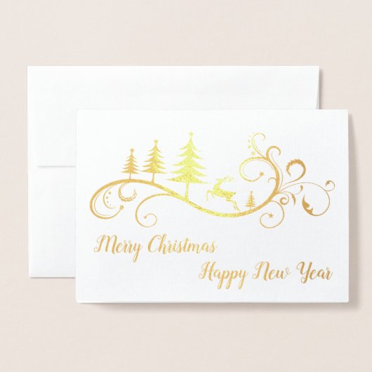 Retro Leaping Deer and Tree Weihnachten Folienkarte (Vorderseite mit Umschlag)