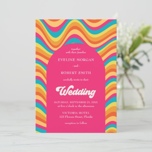 Retro lebhafte Farben Welle Groovy Schriftart Hoch Einladung (Stehend Vorderseite)