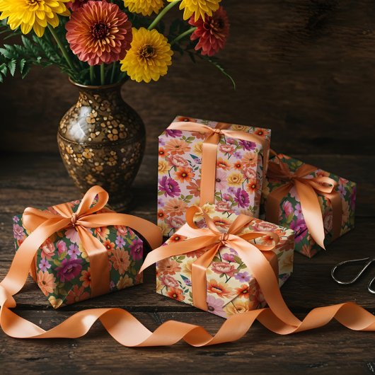 Retro Lebhaftes botanisches Floral- und Foliage-Mu Geschenkpapier Set