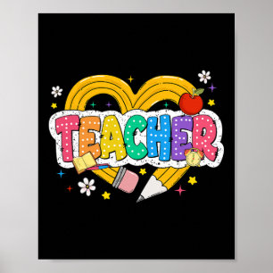 Retro-Lehrer-Herz-Bleistift Bunte Groovy-Schule Poster