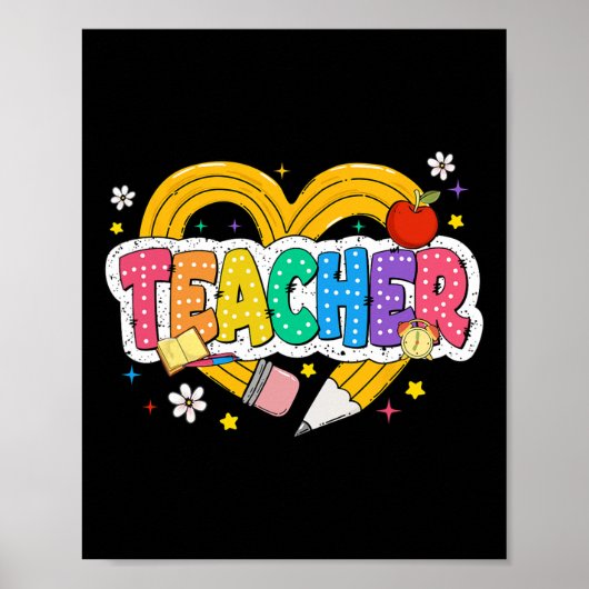 Retro-Lehrer-Herz-Bleistift Bunte Groovy-Schule  Poster (Vorne)