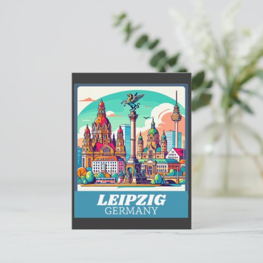 Retro Leipzig Skyline Postkarte (Stehend Vorderseite)