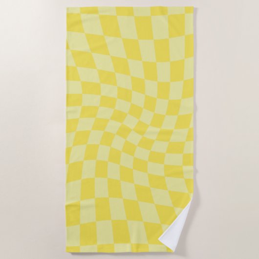 Retro Lemon Yellow Paston Warped Checkerboard Strandtuch (Vorderseite)