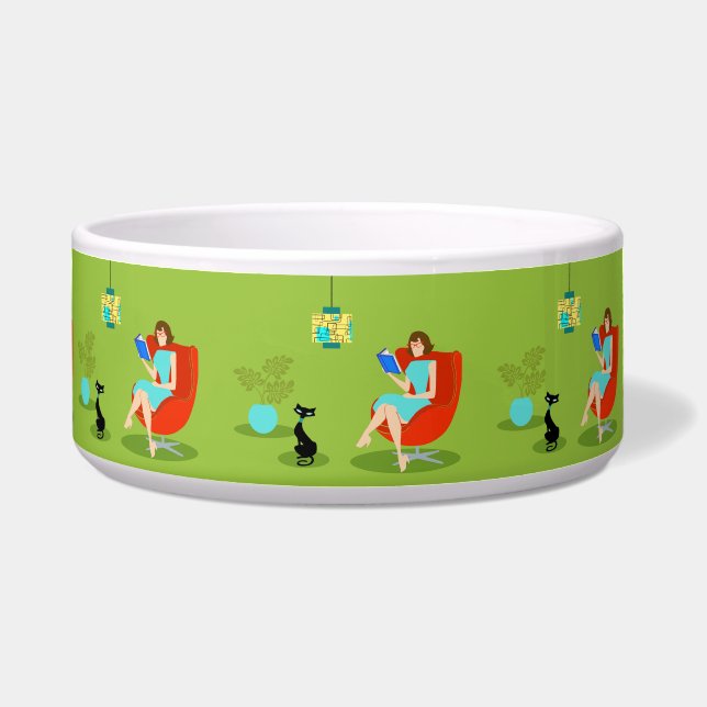 Retro Lesefrauen-Keramik-Haustier-Schüssel Napf (Vorderseite)