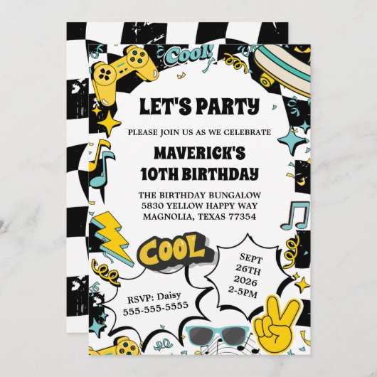 Retro Let's Party Birthday Einladung (Vorne/Hinten)