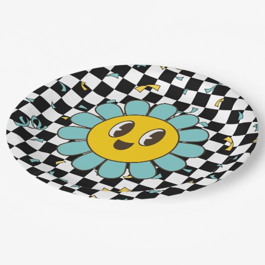 Retro Let's Party Daisy Birthday Pappteller (Schrägansicht)