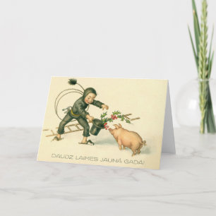 Retro lettische Neujahrsgrußkarte mit Schwein und  Feiertagskarte