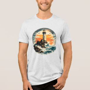 Retro Leuchtturm Sonnenuntergang Küstenozean-Abent Tri-Blend Shirt