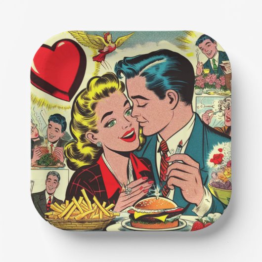 Retro Liebe Couple Comic Pappteller (Vorderseite)