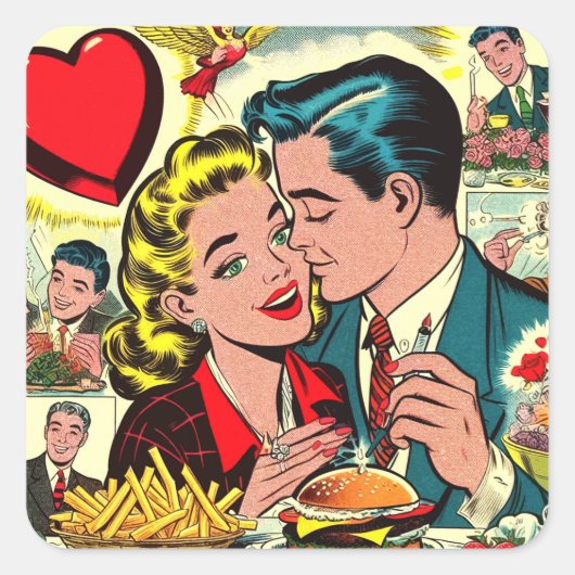 Retro Liebe Couple Comic Quadratischer Aufkleber (Vorderseite)