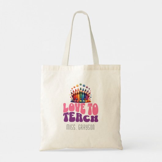 Retro "Liebe to Teach" Crayon Design Teachname Tragetasche (Rückseite)