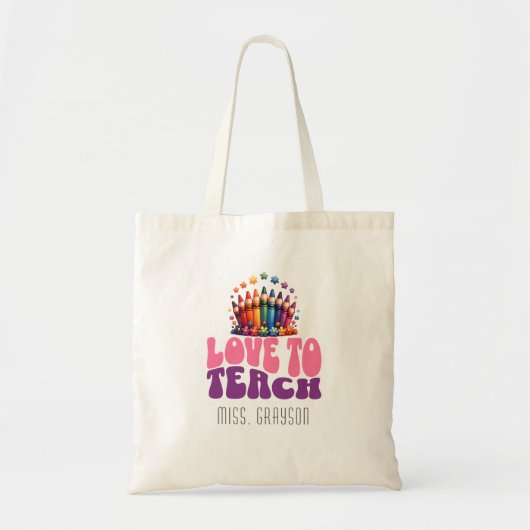 Retro "Liebe to Teach" Crayon Design Teachname Tragetasche (Vorne)