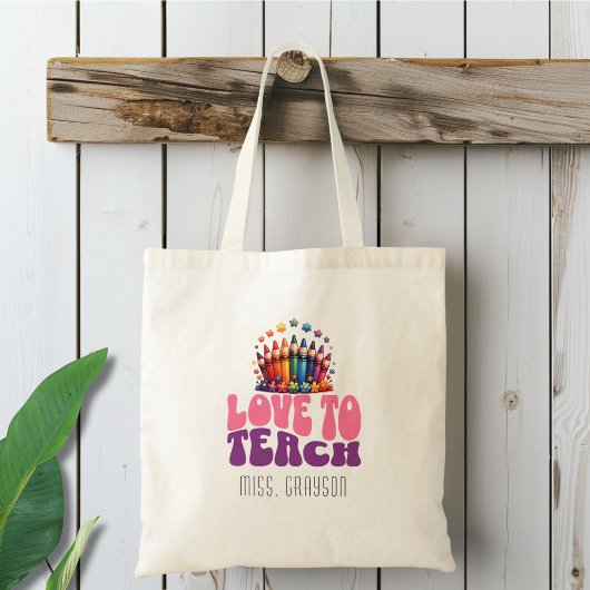 Retro "Liebe to Teach" Crayon Design Teachname Tragetasche