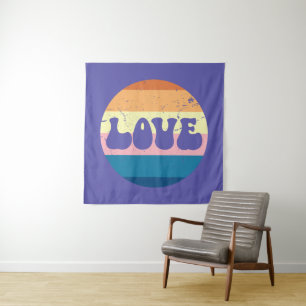 Retro-Liebe-Typografie auf Vintage-Sonnenuntergang Wandteppich