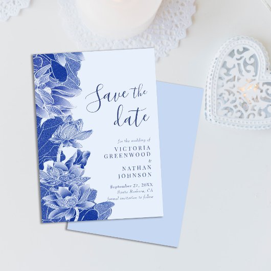 Retro Light Blue Floral Chinoiserie Save the Date