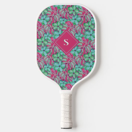 Retro Light Pink und Green Florals Pickleball Schläger (Vorderseite)