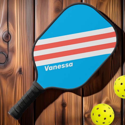 Retro Light Sky Blue Streifen mit Namen Pickleball Schläger