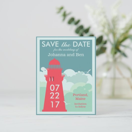 Retro Lighthouse Poster Save the Date Postkarte (Stehend Vorderseite)