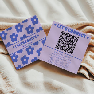 Retro Lila Blau QR Code Groovy Floral Trendig Lust Quadratische Visitenkarte