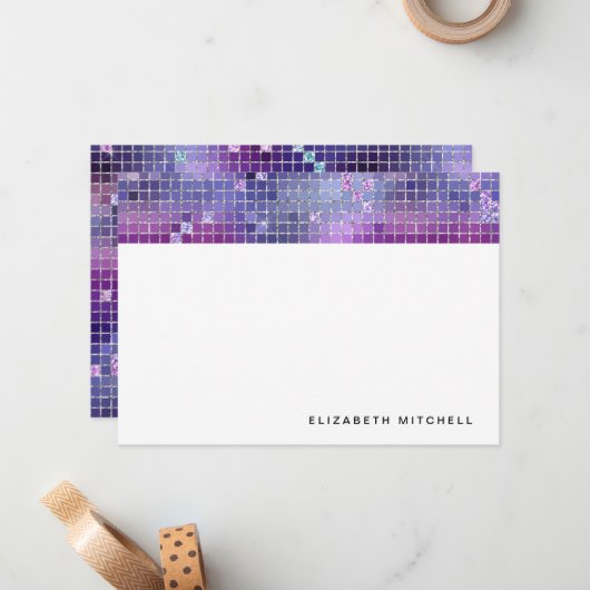Retro Lila Blue Pink Disco Ball Mirror Monogram Mitteilungskarte (Vorderseite/Rückseite Beispiel)