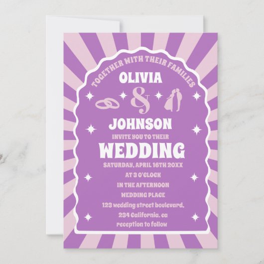 Retro lila bogenförmige Bogen Hochzeit Foto Einladung (Vorderseite)