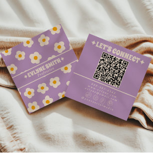 Retro Lila Creme QR Code Groovy Floral Trendig  Quadratische Visitenkarte