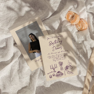 Retro Lila Gezeichnet Geburtstags-Abendessen Party Einladung