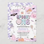 Retro Lila Girls Spooky Halloween 1. Geburtstag Einladung (Vorne/Hinten)