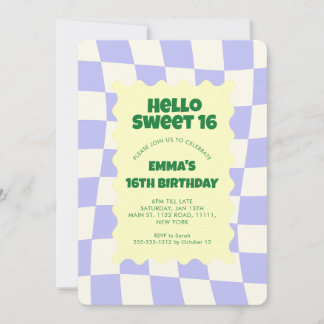 Retro Lila Groovy Schachbrett Sweet 16Geburtstagsp Einladung